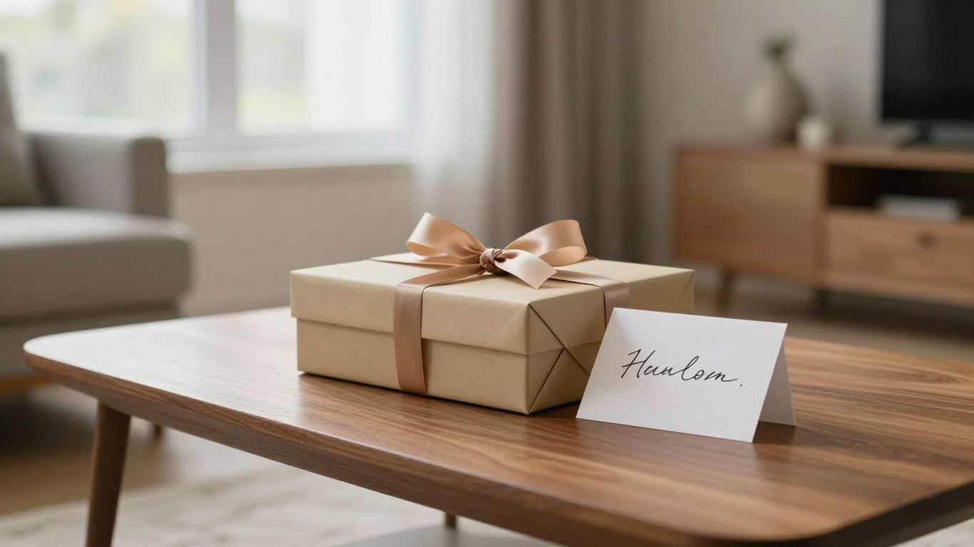 Gift box with a ribbon and a handwritten card on a wooden table in a softly lit living room