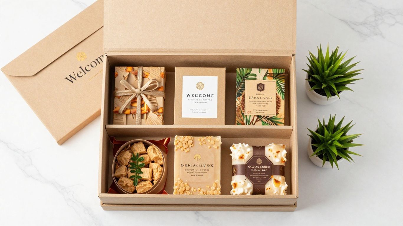 Open gift box with assorted snacks and small plants on a white marble surface