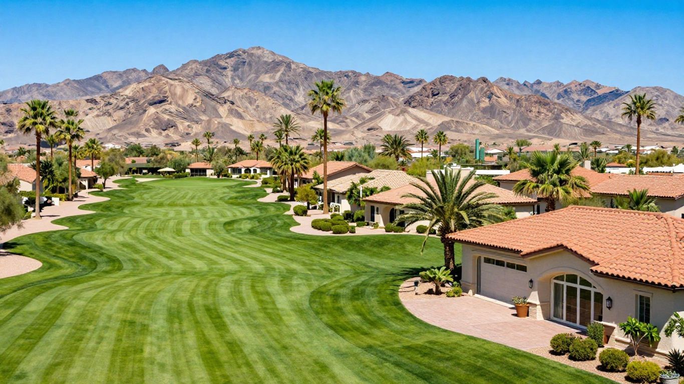 Manicured golf course with palm trees, homes, and desert mountains in the background