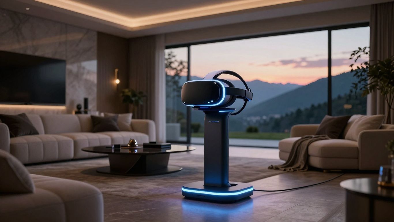 A sleek robotic vacuum stands in a modern living room with a mountain view at sunset.