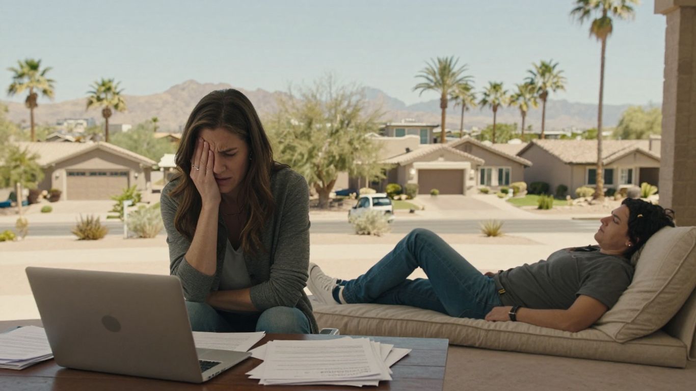 Two people relaxing on an outdoor couch beside a laptop and papers, with palm trees and houses in the background