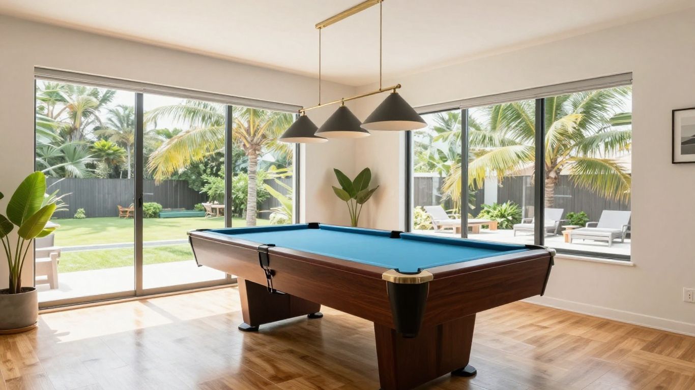 Bright game room with a pool table, large windows, and views of a sunny backyard