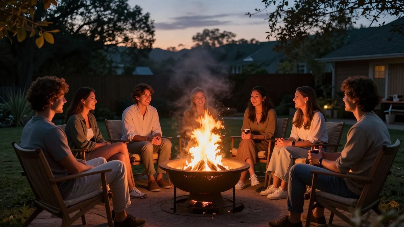 Group seated around a backyard fire pit at dusk, talking and relaxing under the evening sky.