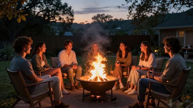 Group seated around a backyard fire pit at dusk, talking and relaxing under the evening sky.