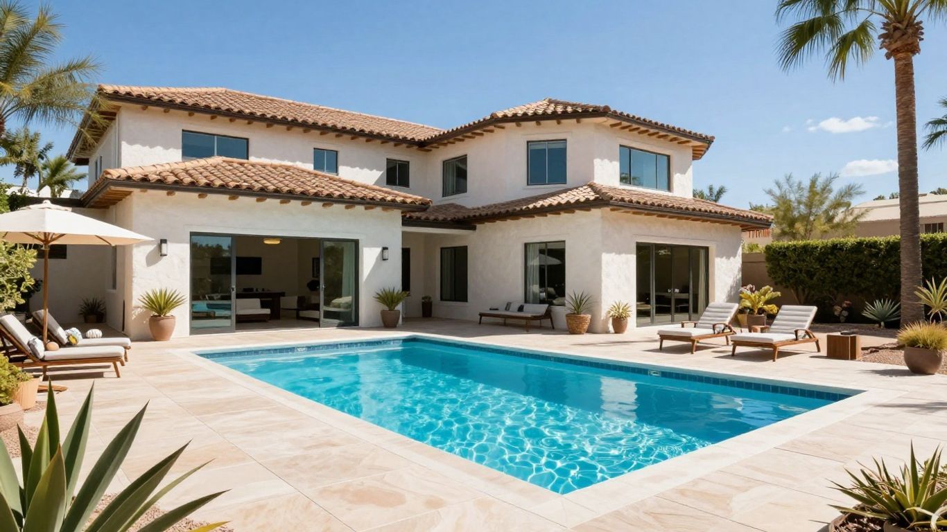 Luxury two-story house with a turquoise backyard pool, lounge chairs, and palm trees under a clear sky