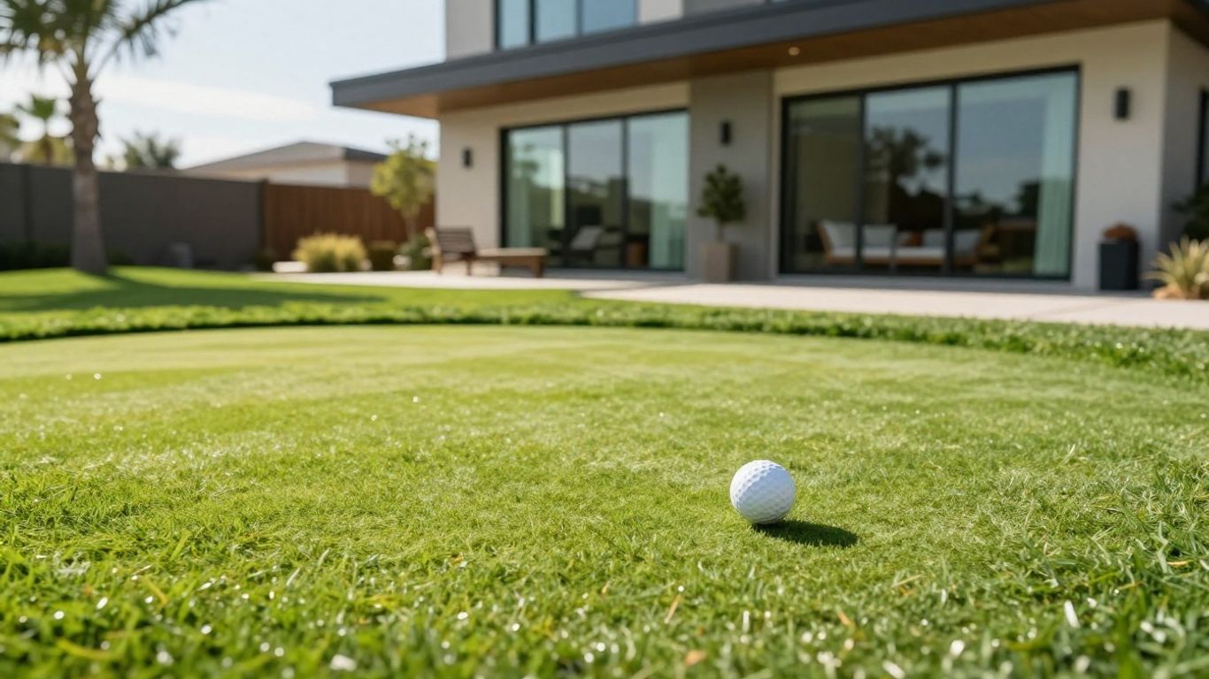 Golf ball on a manicured green lawn in front of a modern house