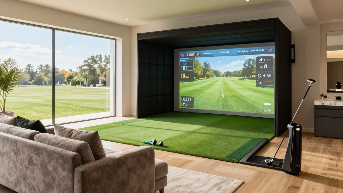 Modern living room with indoor golf simulator screen and green turf hitting area by large windows