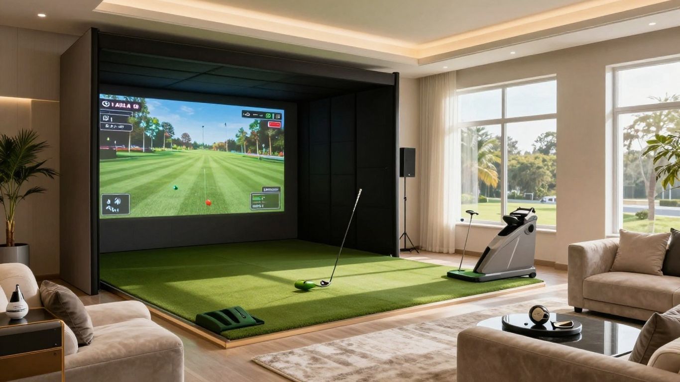Luxury living room with indoor golf simulator, green mat, large screen, and putting area.