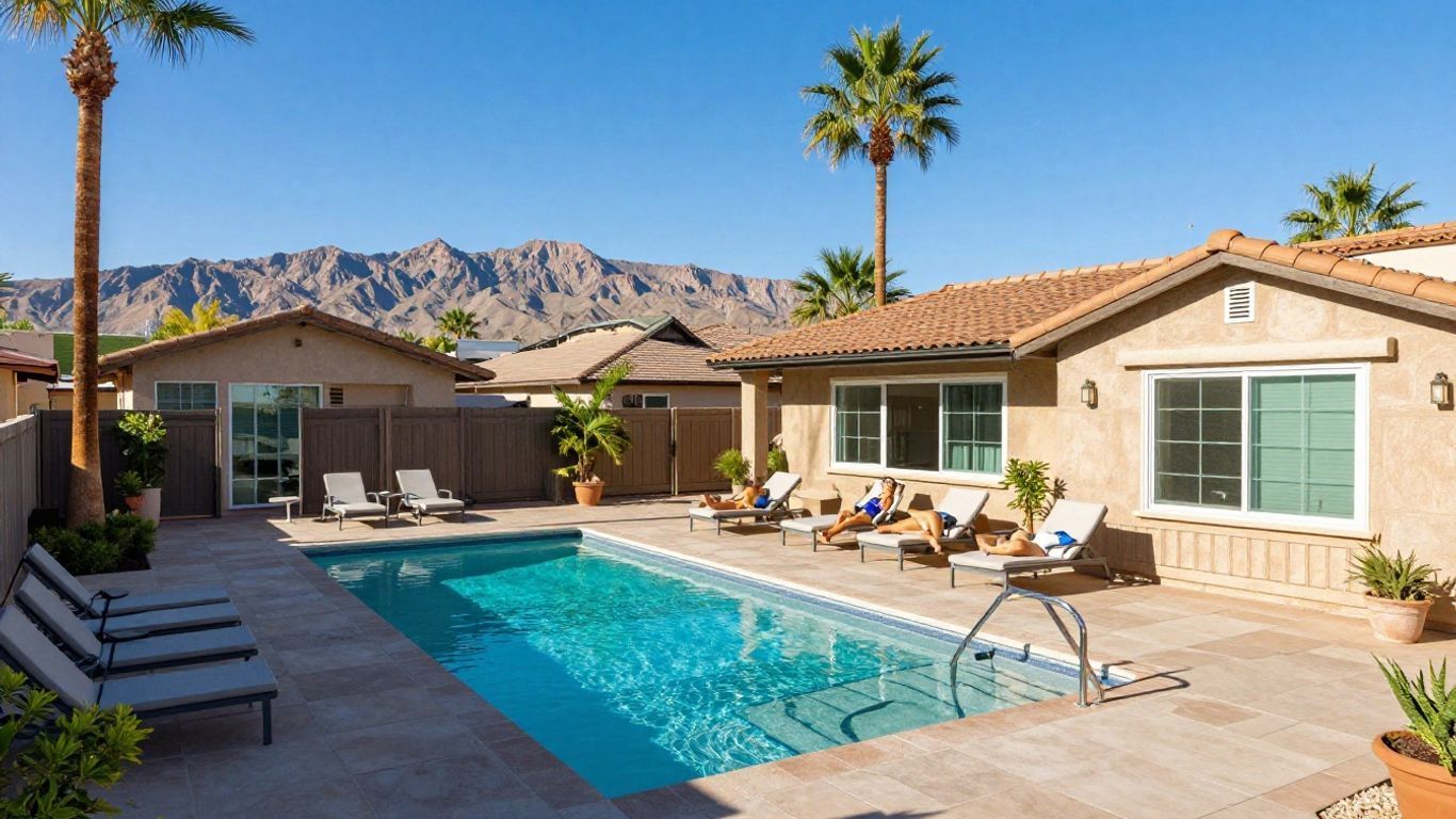 Desert home with a backyard pool, lounge chairs, palm trees, and mountain views under a clear sky