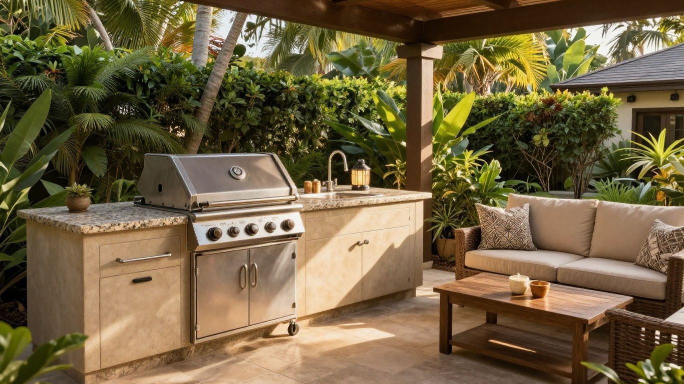 Outdoor patio with built-in grill, stone counter, and cushioned seating surrounded by lush tropical plants