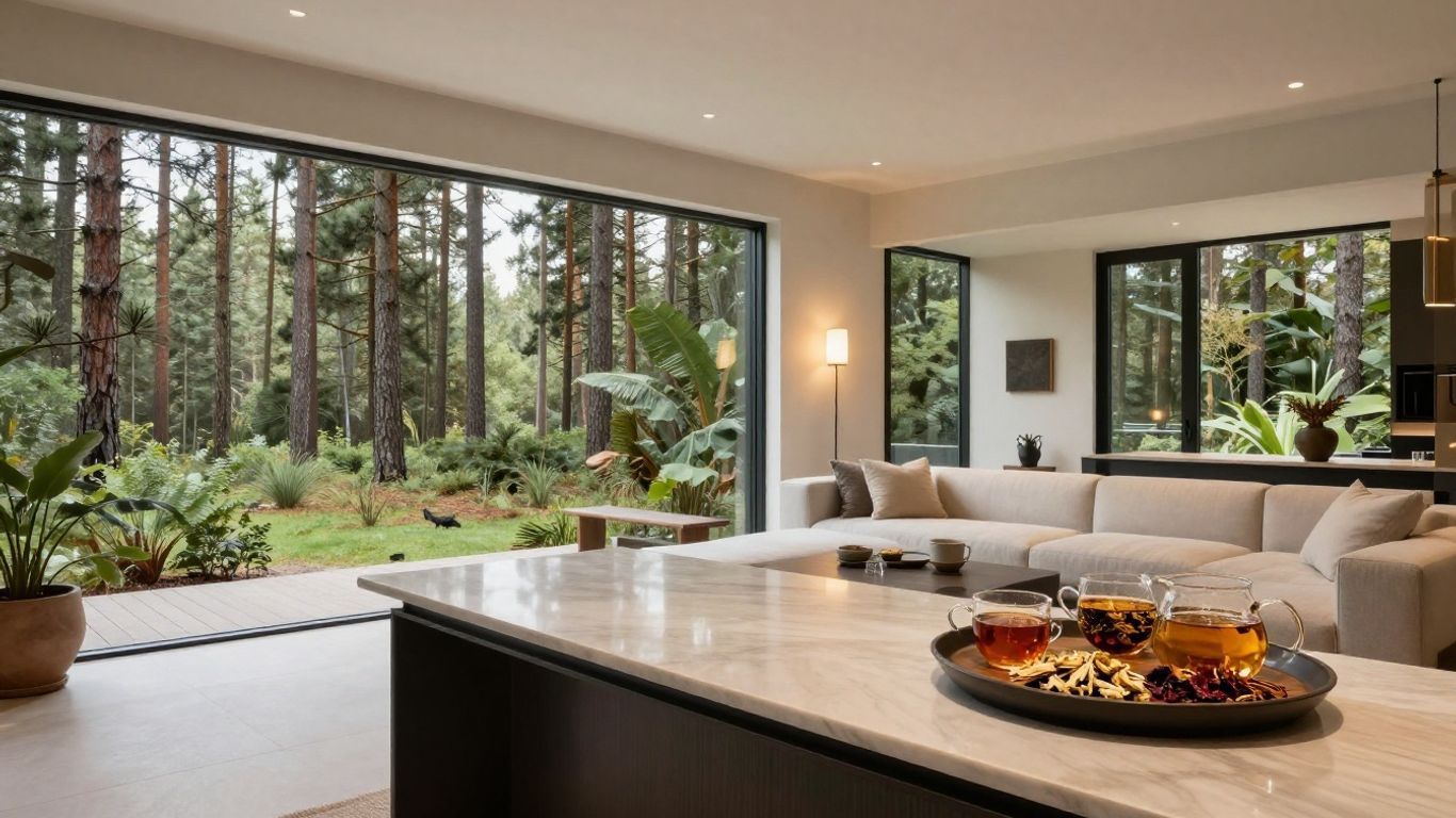 Modern open-plan living room with large forest-view windows and a kitchen island in the foreground