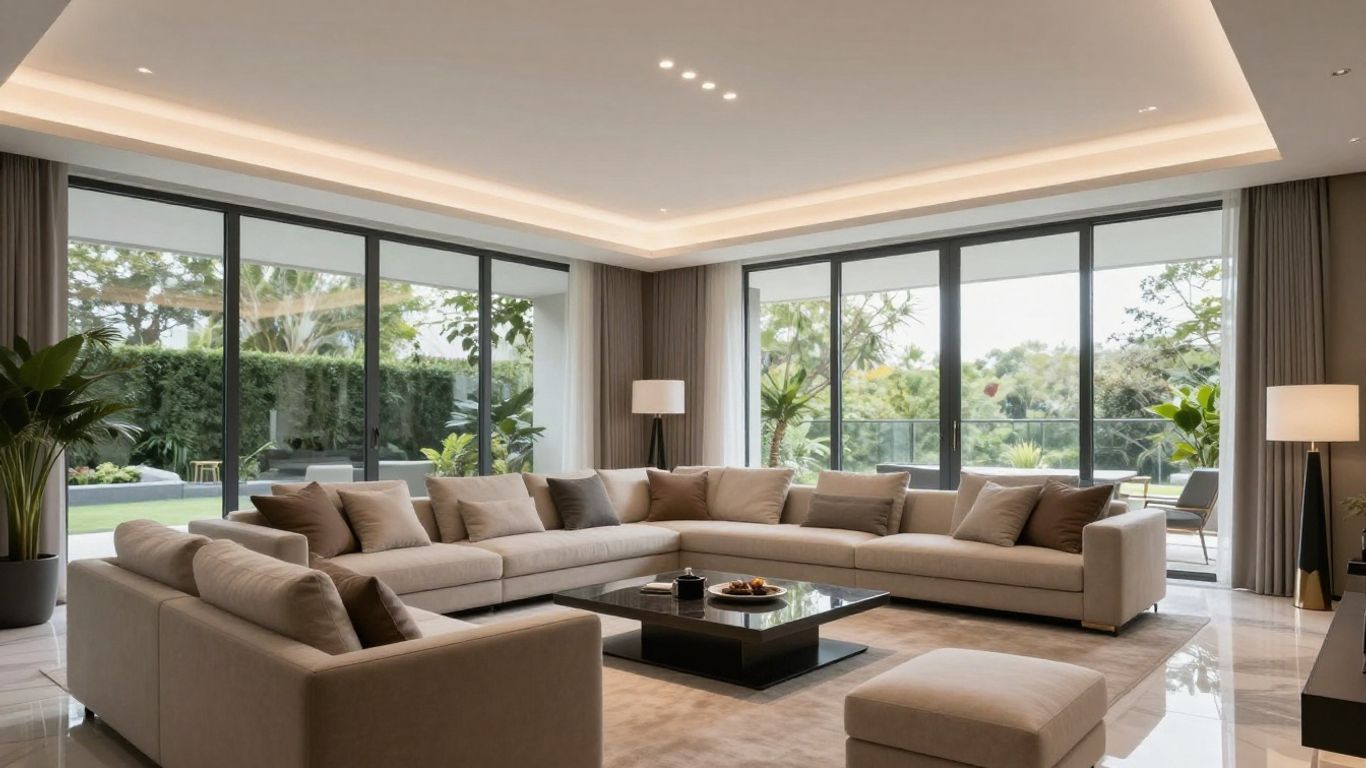 Modern living room with beige sectional sofa, floor-to-ceiling windows, and garden view