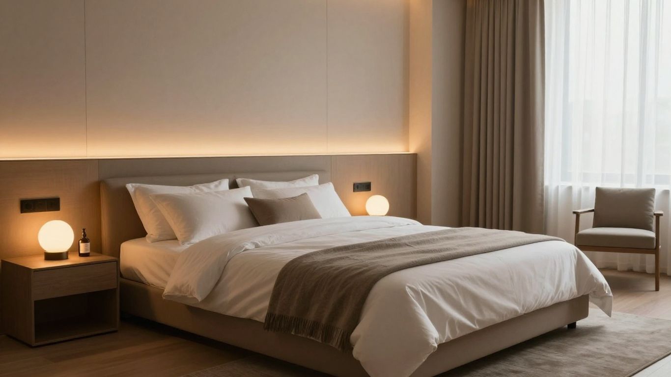 Modern bedroom with a large bed, warm wall lighting, and beige curtains by a window