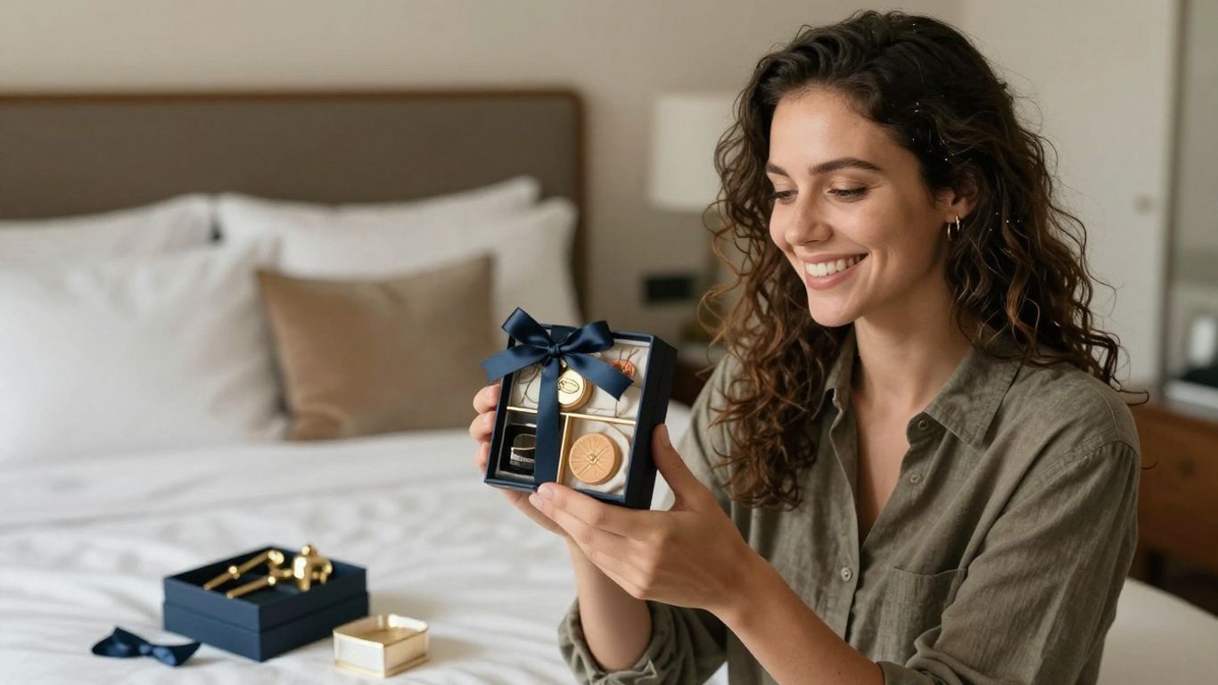 Woman smiling while holding a navy gift box with a ribbon on a bed in a bedroom