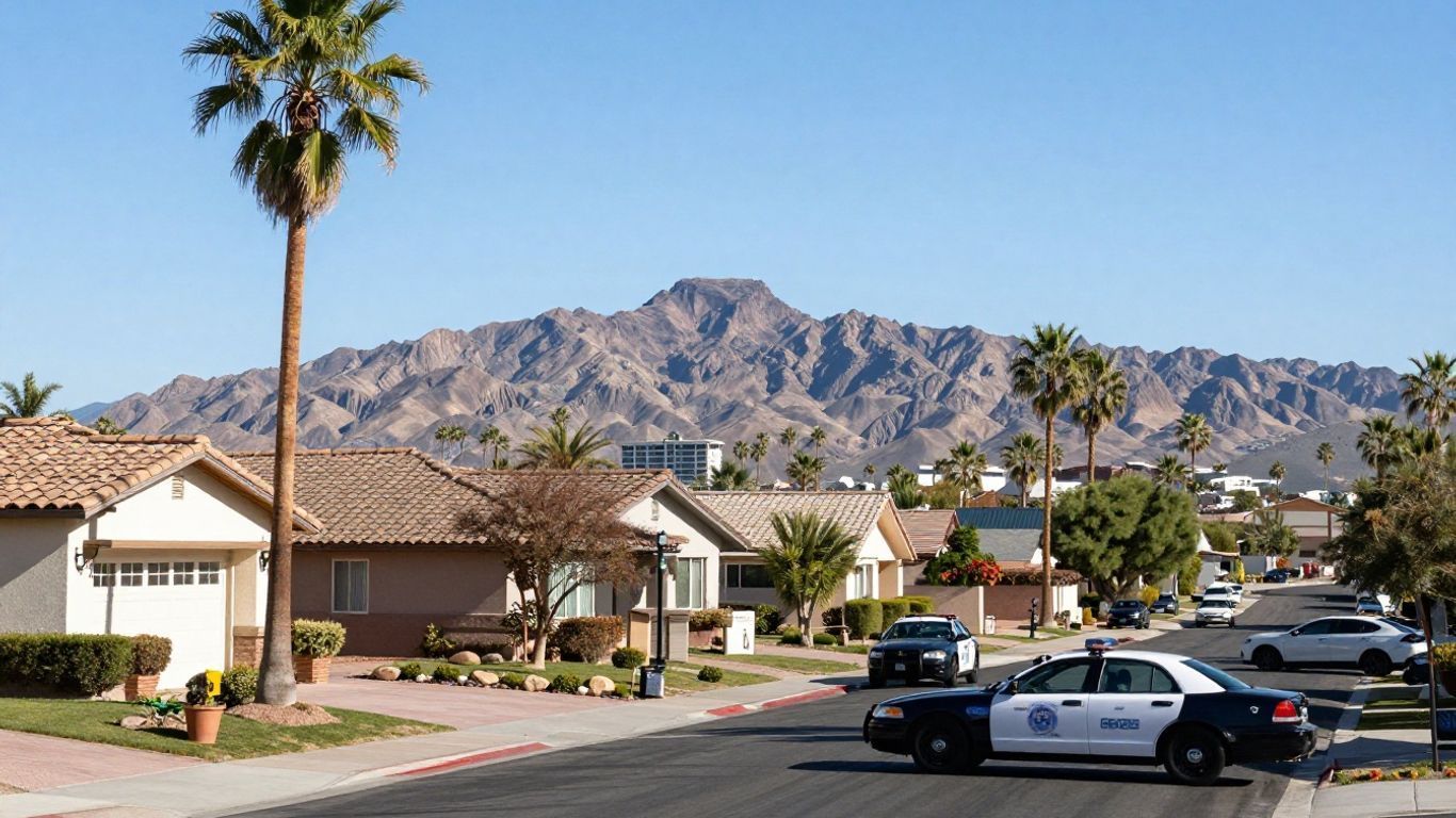 Police car parked in a sunny suburban neighborhood with desert mountains in the background.