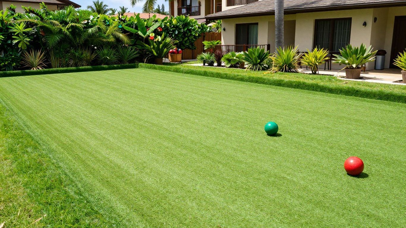 Green lawn with two bocce balls near a house and garden