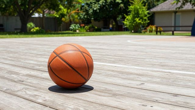 Basketball resting on a sunlit wooden deck with a yard and house blurred in the background