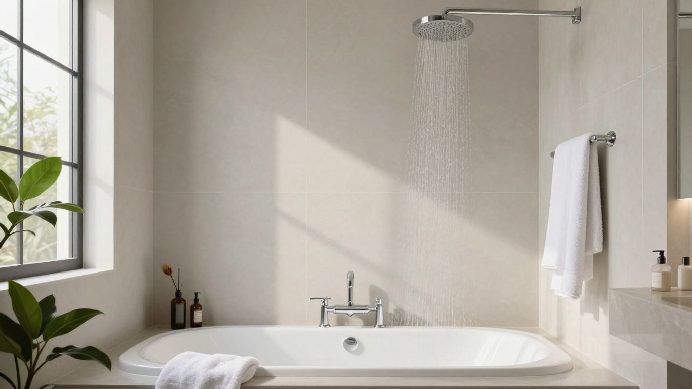 Bright modern bathroom with a freestanding tub, rainfall shower, window, and white towels
