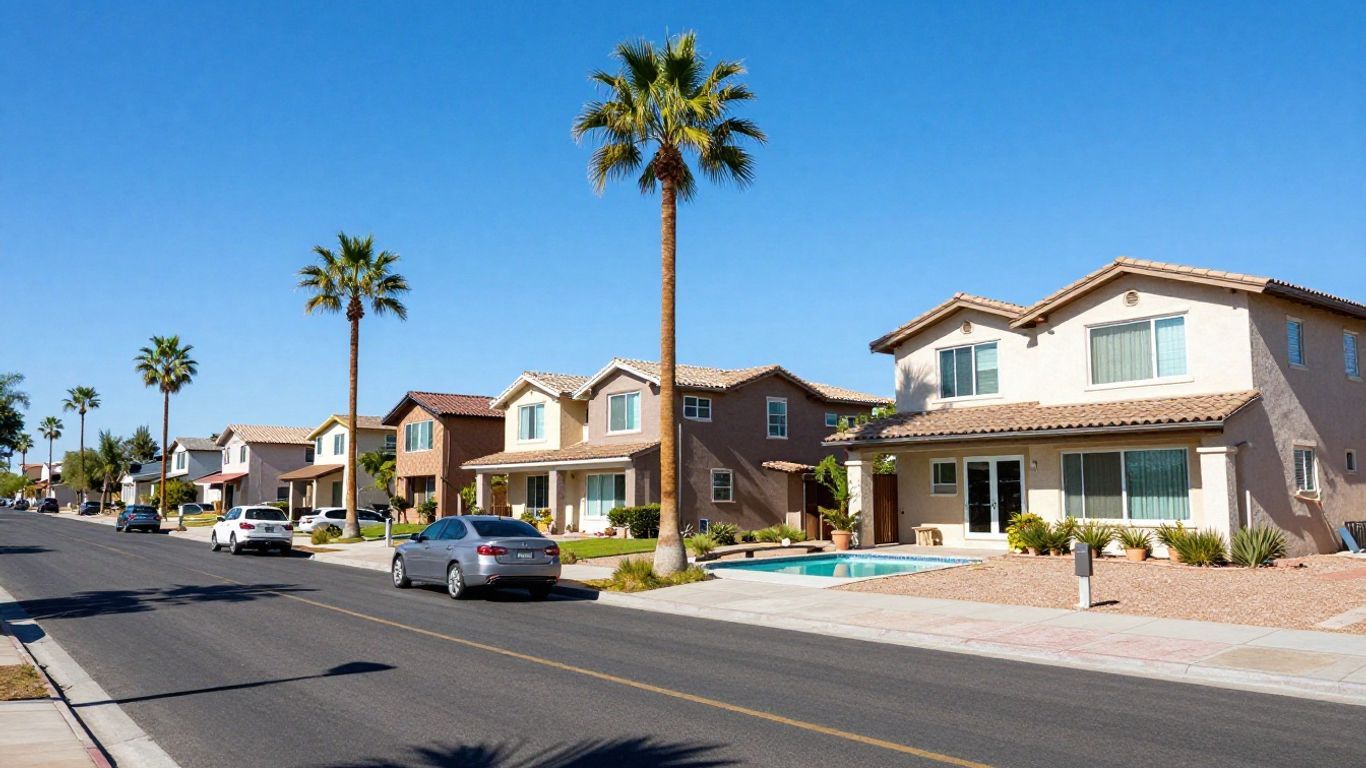 Sunny suburban street with palm trees and row houses, cars parked along the road.