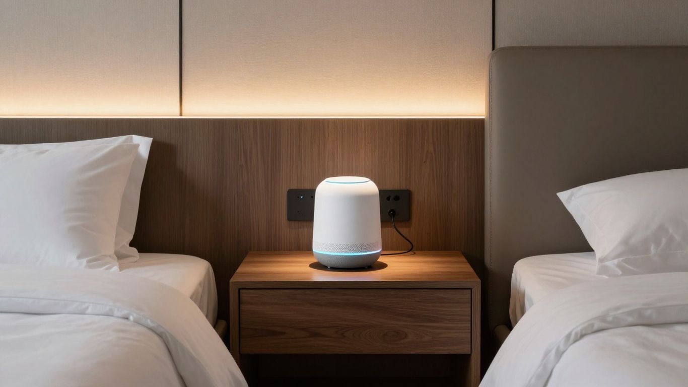 Hotel room with two unmade beds and a small white device on the bedside table between them