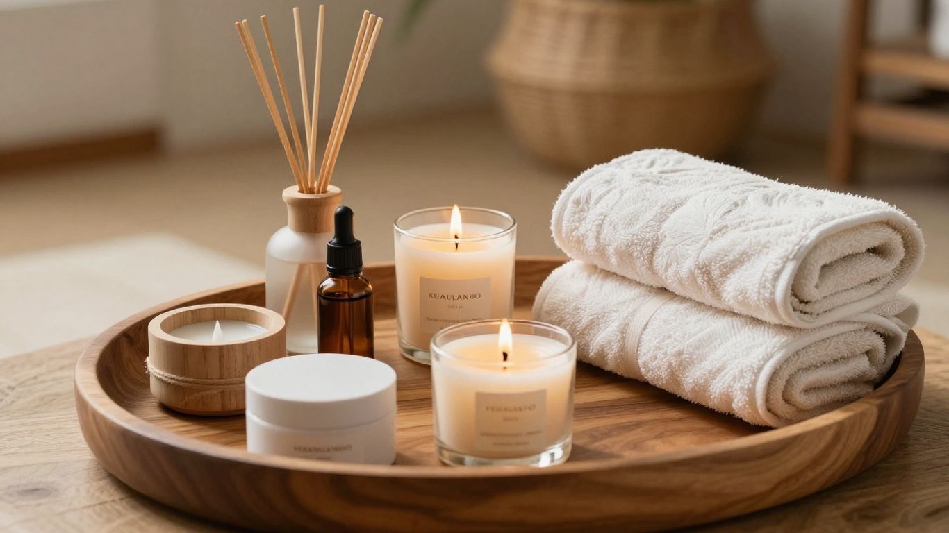 Spa tray with candles, reed diffuser, towels, and stacked skincare jars on a wooden table