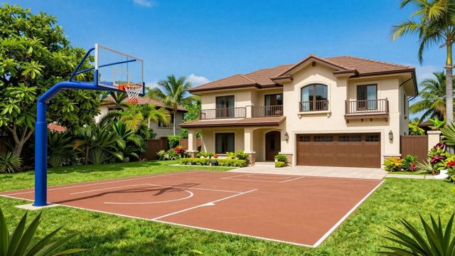Suburban house with a driveway basketball court and hoop, surrounded by lush tropical landscaping.