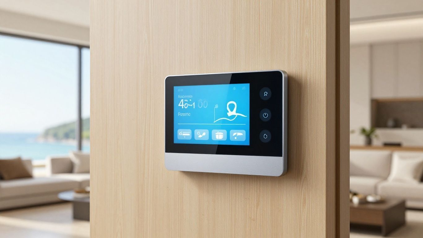 Wall-mounted smart thermostat with blue touchscreen on a wooden wall in a modern living room.