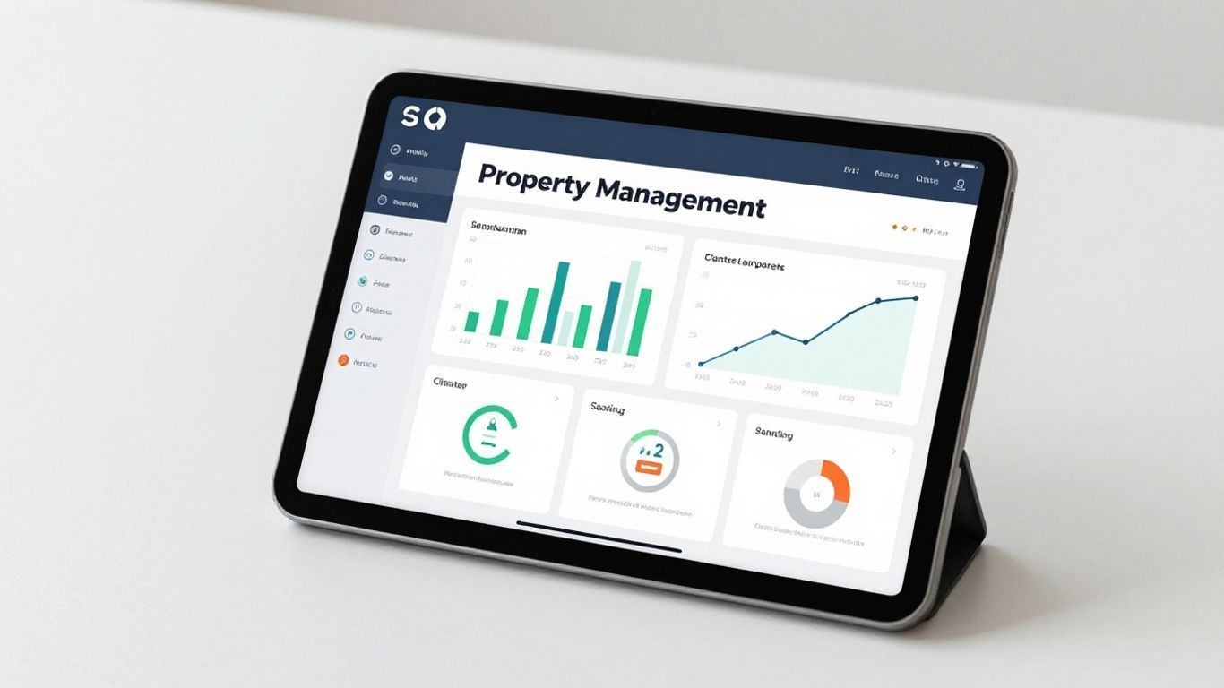 Tablet showing a property management dashboard with charts and analytics on a white background