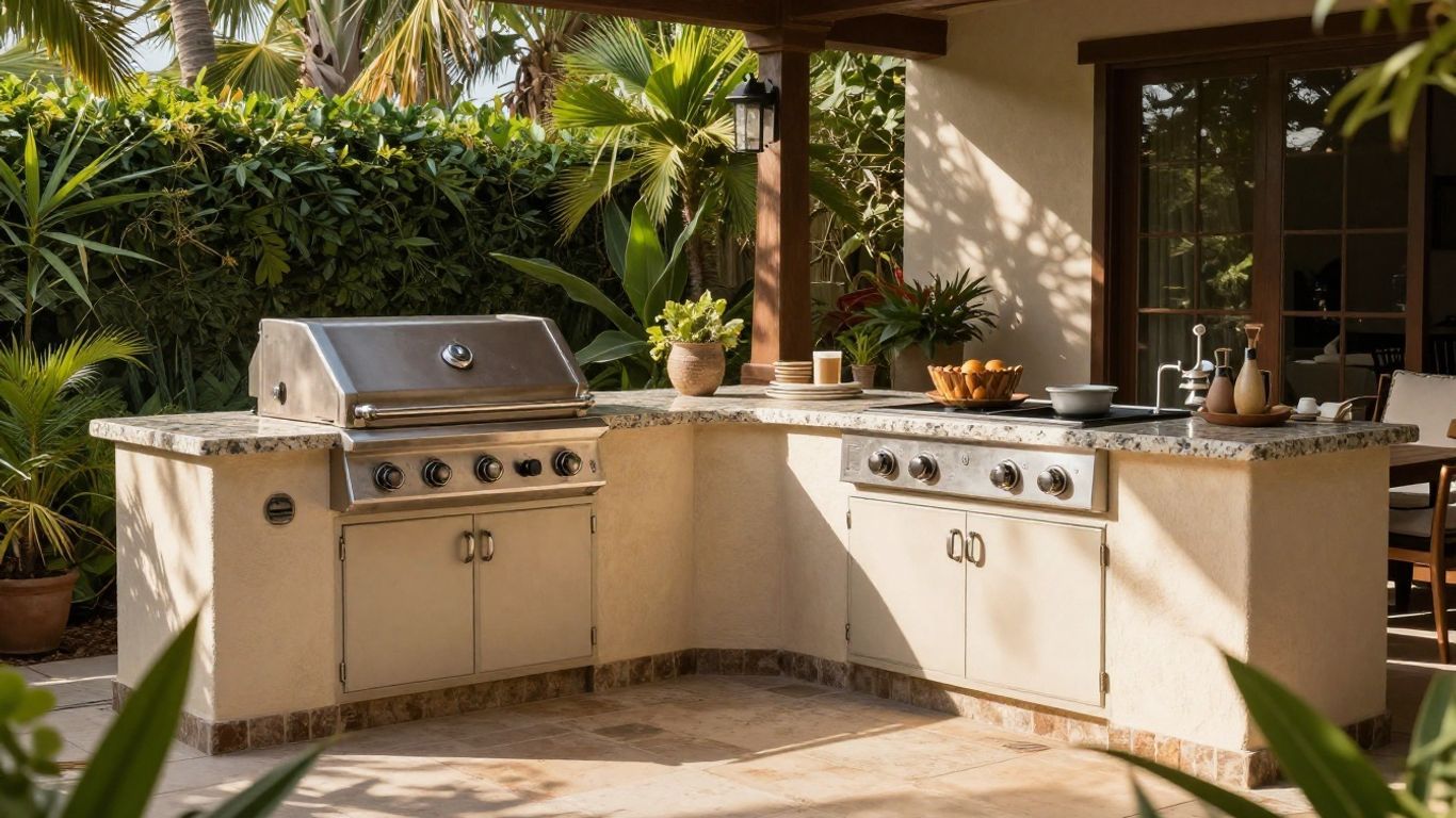 Outdoor L-shaped patio kitchen with stainless steel grill, sink, and potted plants under a pergola