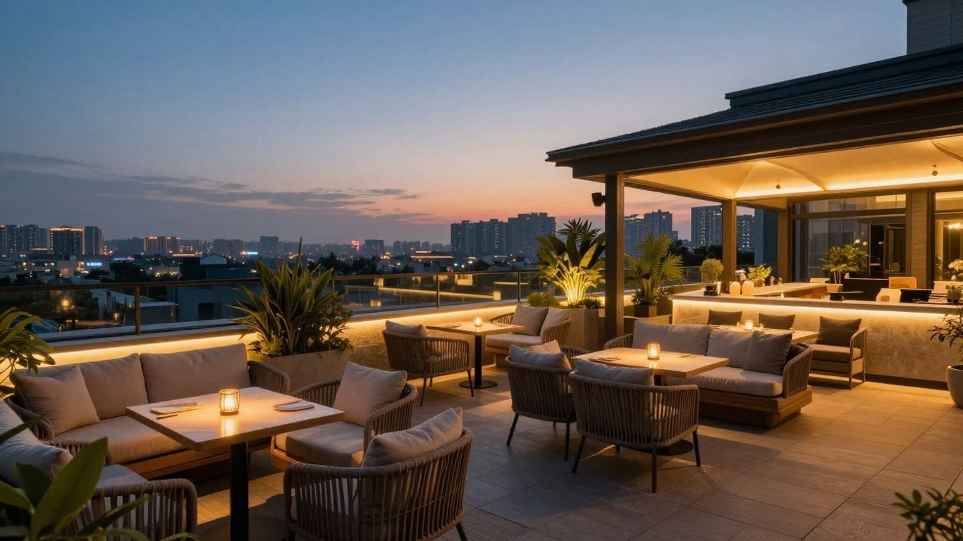Rooftop patio at sunset with cushioned seating, lit tables, and city skyline views
