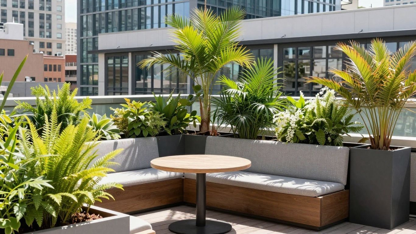 Rooftop patio with curved bench seating, round table, and lush potted plants in a modern city setting