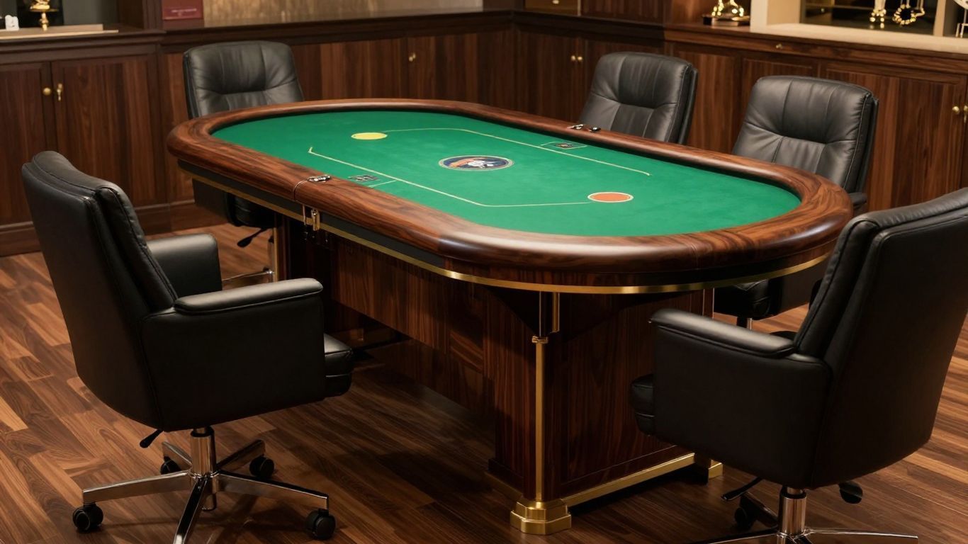 Poker table in a wood-paneled conference room with black chairs around it