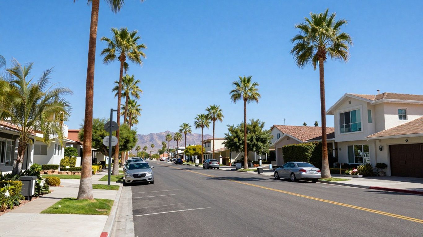 Sunny palm-lined suburban street with houses, parked cars, and mountains in the distance