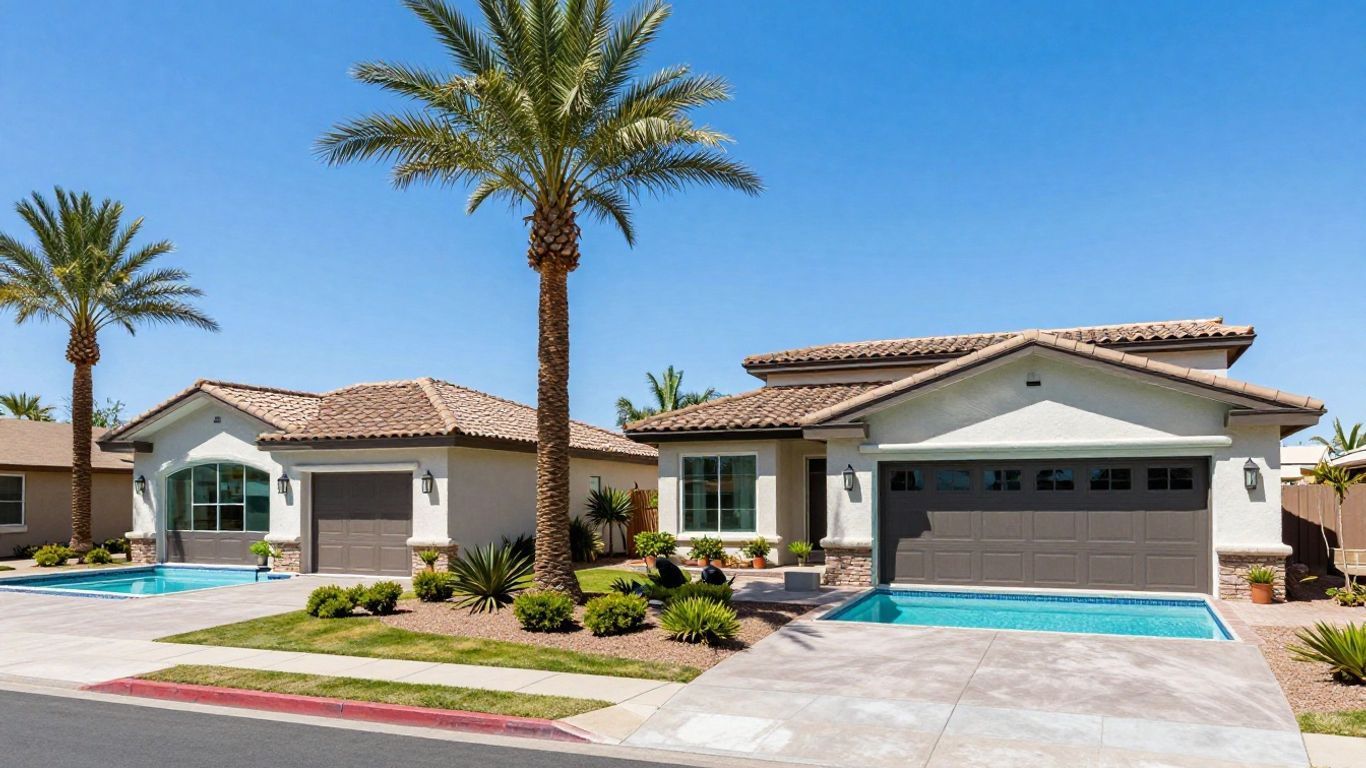 Modern suburban homes with palm trees, blue driveways, and bright desert landscaping under a clear sky