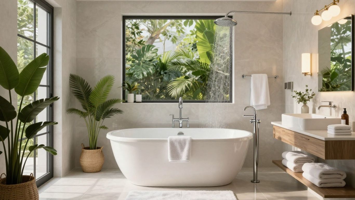 Modern bathroom with a freestanding tub, large window, plants, and warm vanity lighting