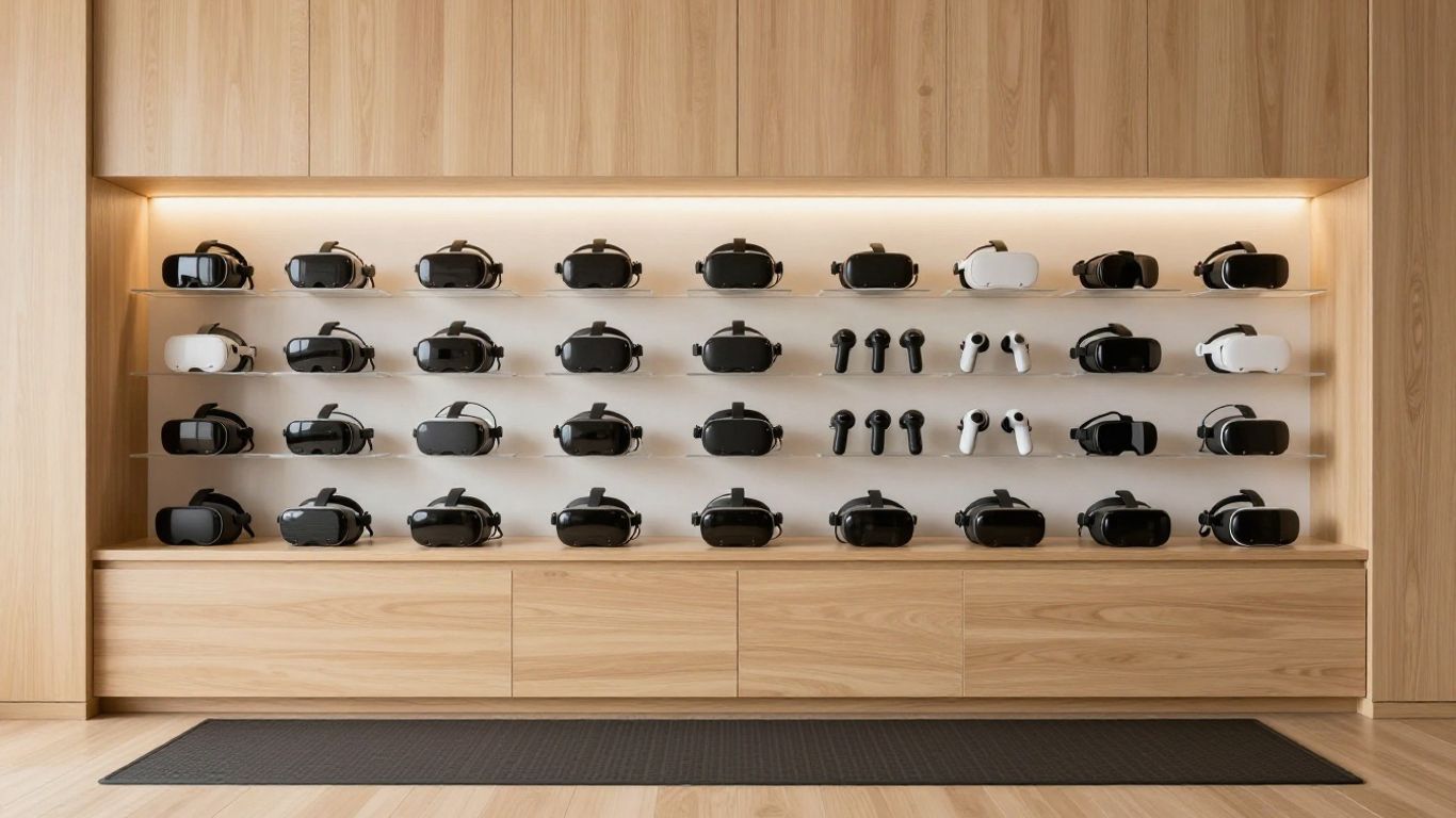 Wood-paneled display wall with rows of black and white teapots and cups on shelves