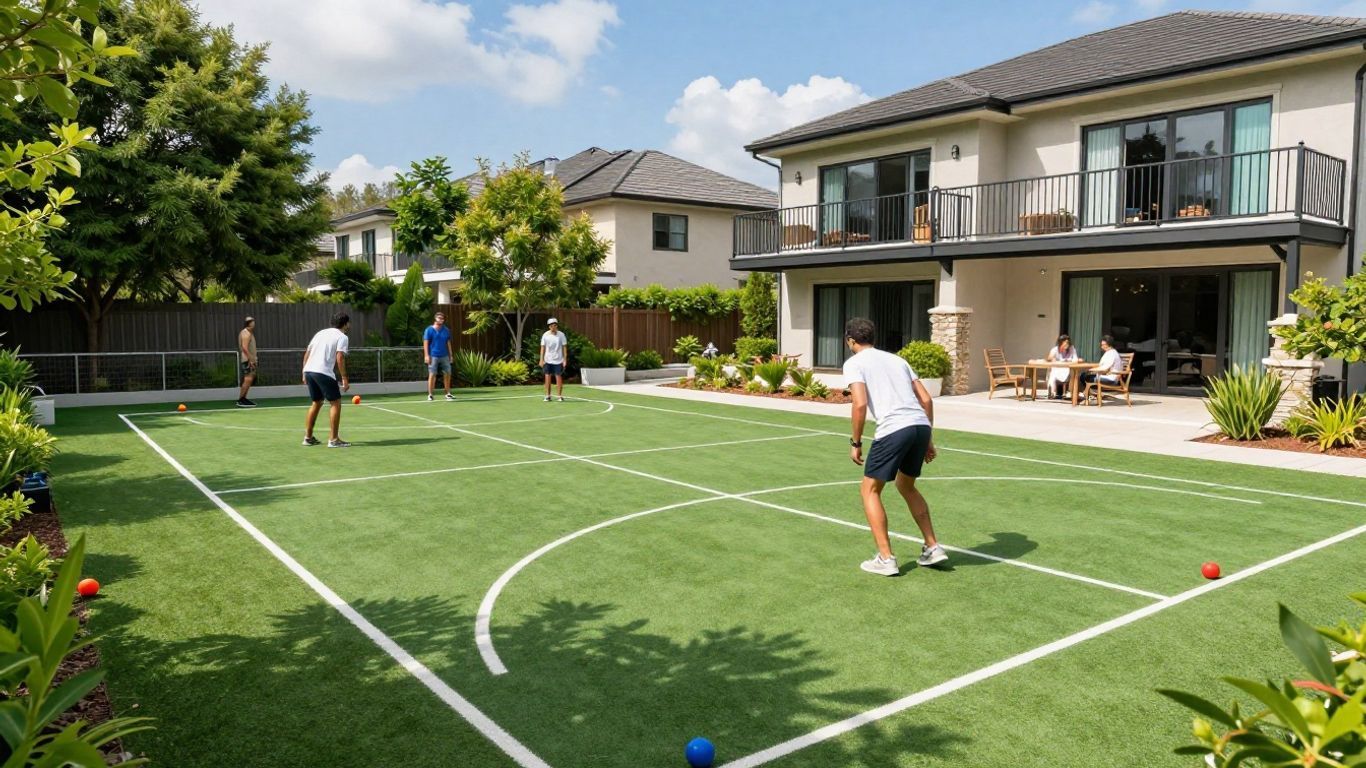 People playing on a backyard lawn sport court beside a modern house, with white boundary lines.