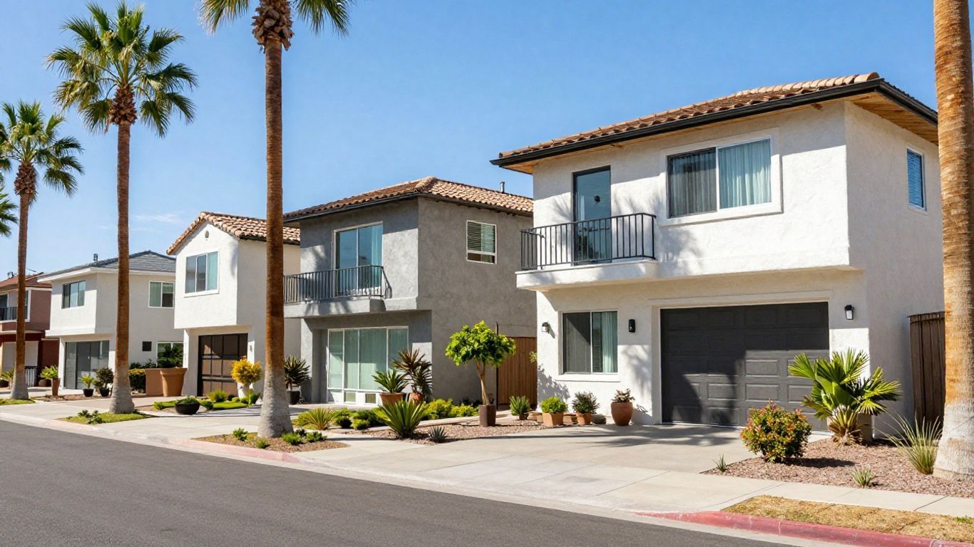 Modern suburban homes on a sunny street with palm trees and a clear blue sky