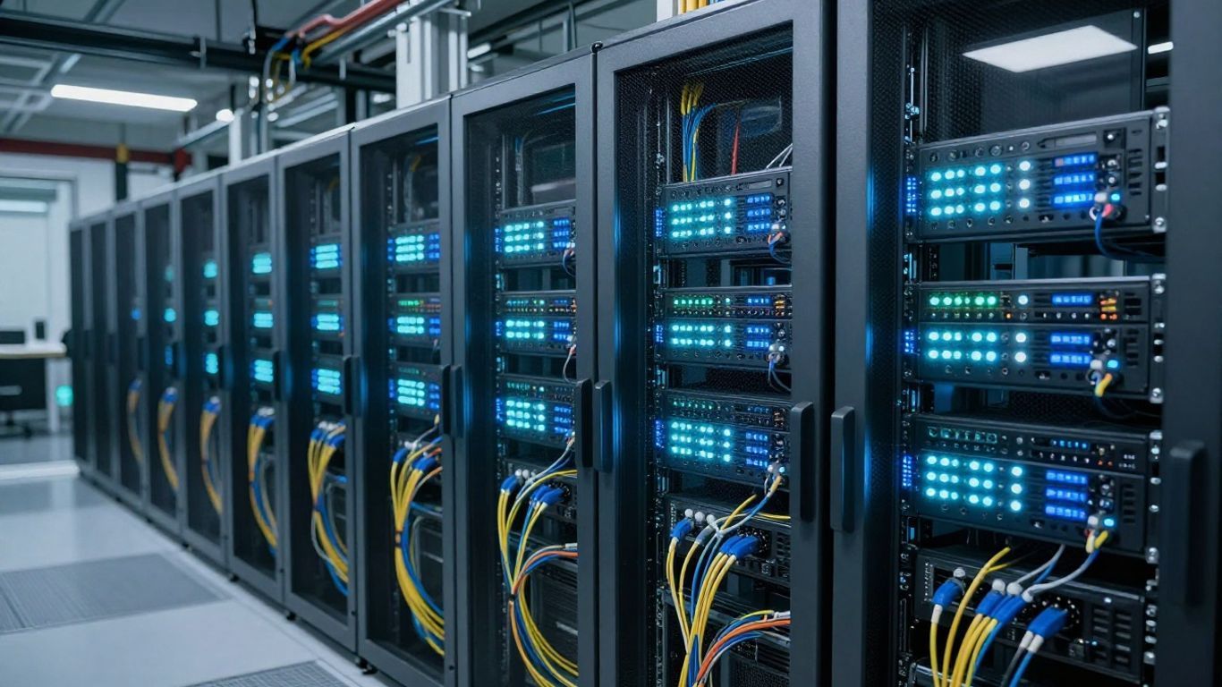 Row of illuminated server racks in a modern data center with blue lights and cables visible
