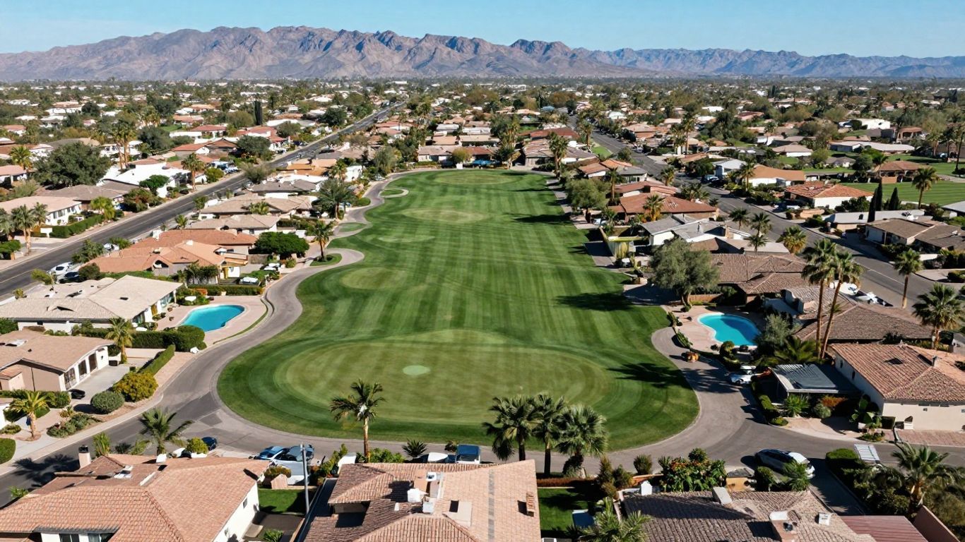 Aerial view of a suburban neighborhood centered on a green golf course with mountains in the distance.