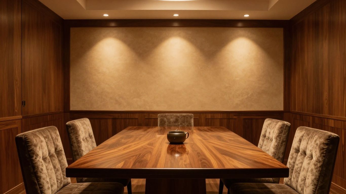 Wood-paneled conference room with a long wooden table, upholstered chairs, and recessed ceiling lights.