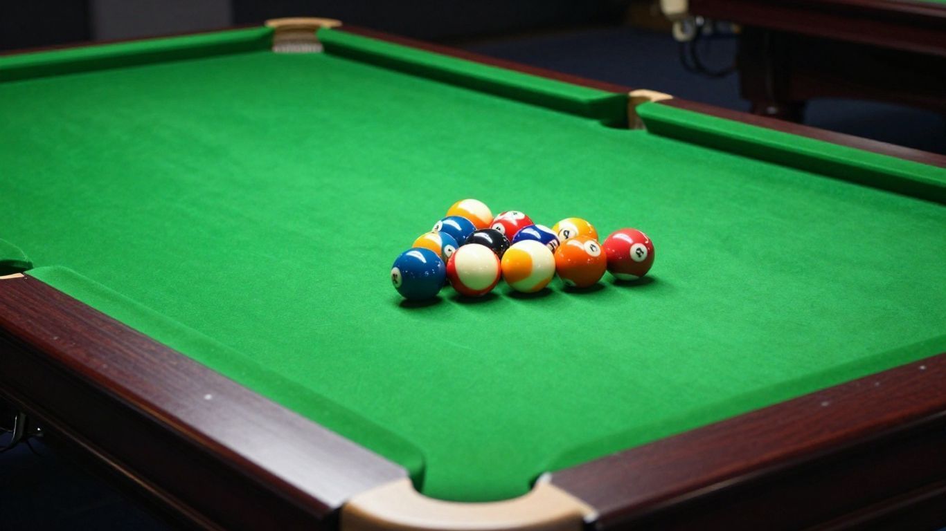 Billiards table with green felt and a rack of colorful pool balls at the center.