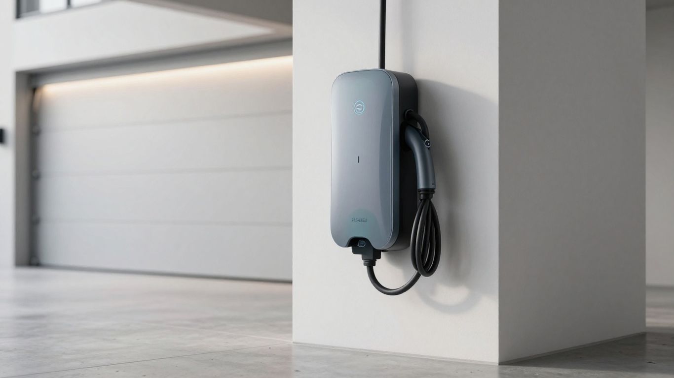 Wall-mounted EV charger beside a garage door in a modern home interior