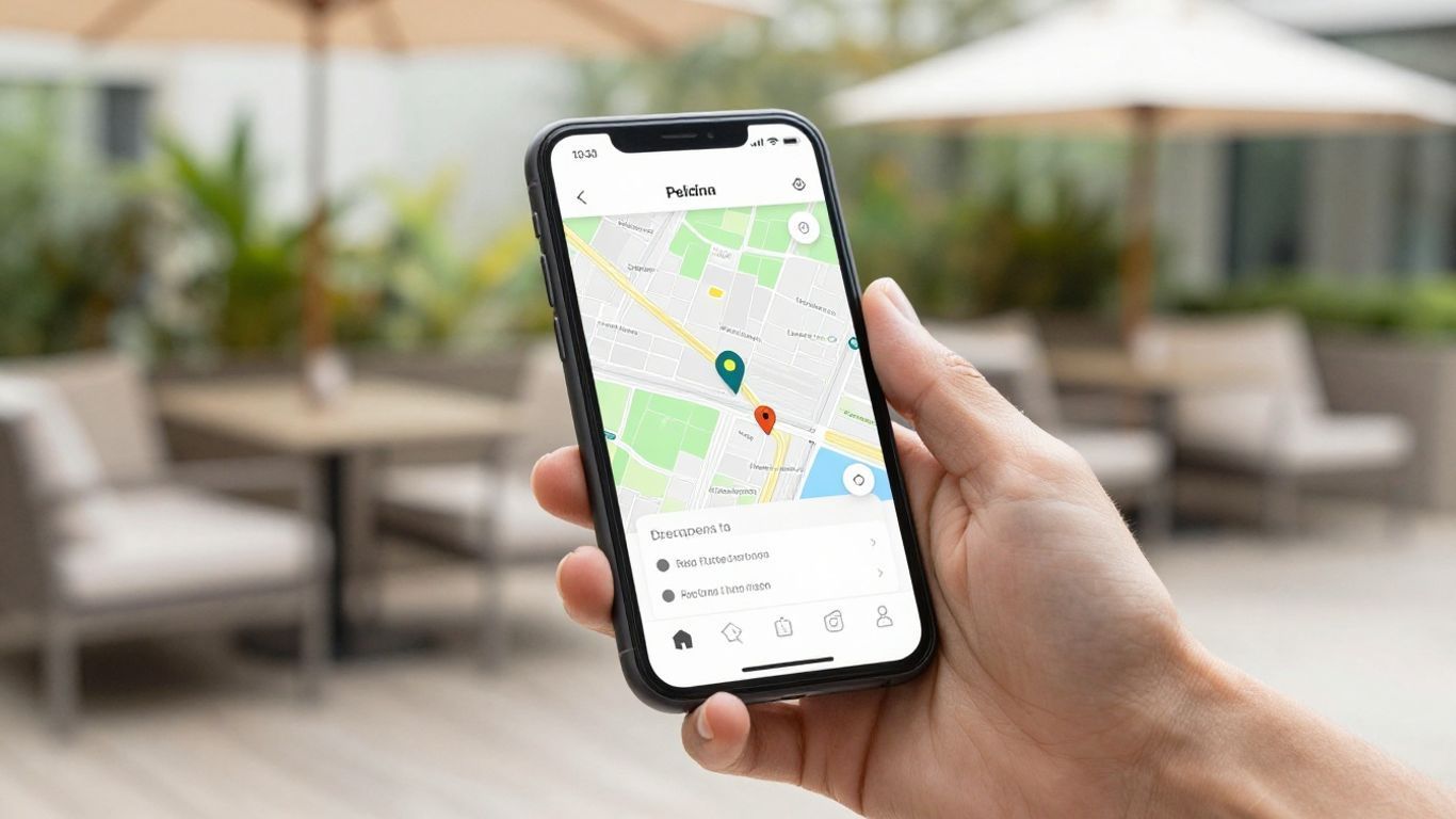 Hand holding a smartphone with a map and location pin outdoors near patio seating