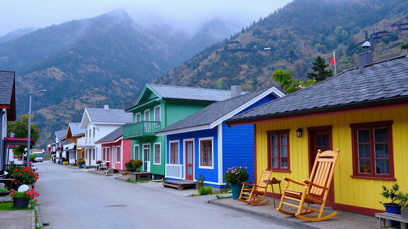 Colorful row of houses on a mountain street, with misty hills in the background