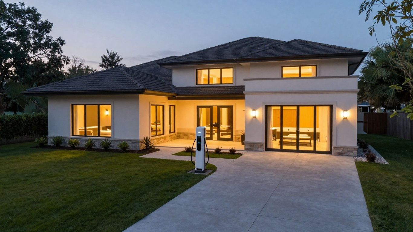 Modern two-story house at dusk with warm interior lights and a driveway in front