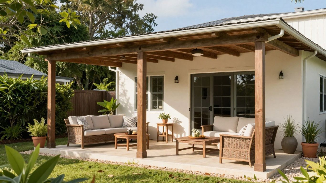 Covered patio with wicker seating, potted plants, and a sliding glass door beside a lawn.