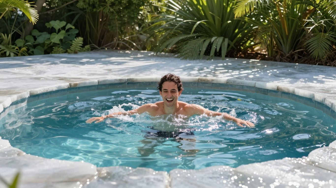 Person smiling in a turquoise pool, resting arms on the edge amid lush greenery.