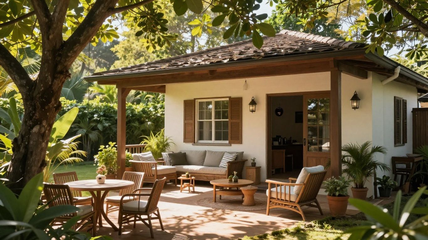 Cozy cottage patio with wicker chairs, a table, and potted plants under a shaded roof and trees