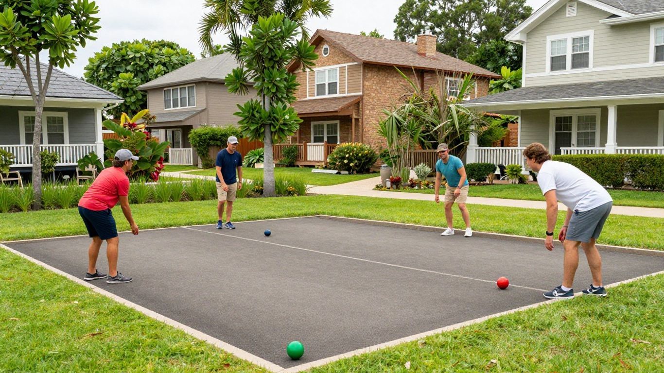 People playing bocce ball on a suburban street between houses and trees